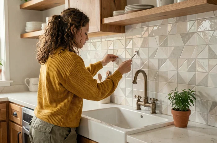 Femme posant des carreaux adhésifs géométriques sur une crédence de cuisine comme idée de rénovation facile