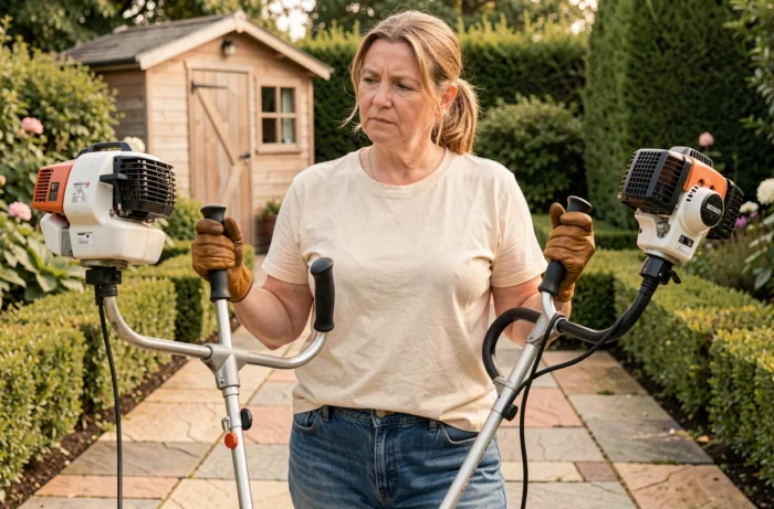 Femme comparant deux modèles de coupe-bordures thermiques dans un jardin