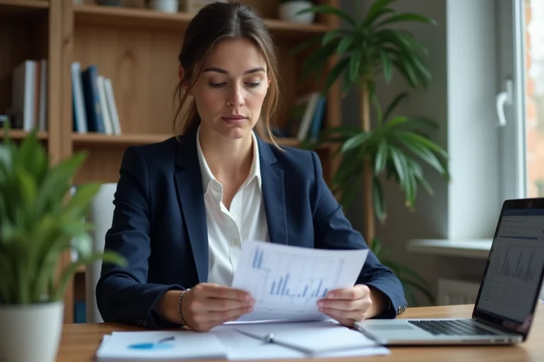 Femme comparant des taux d'intérêt bancaires sur des documents imprimés dans un bureau à domicile moderne