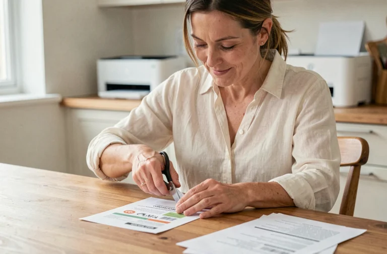 Femme découpant une étiquette de boîte aux lettres imprimée à domicile sur une table en bois