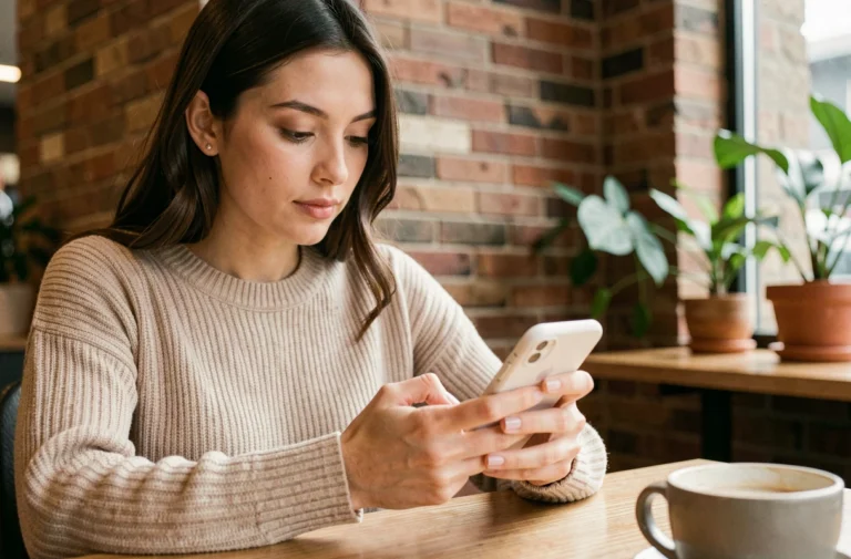 Jeune femme consultant les demandes de suivi Instagram sur son smartphone dans un café moderne