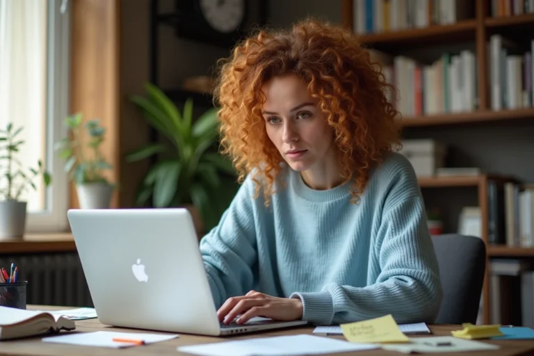 Femme aux cheveux bouclés travaillant sur un bureau encombré avec un outil de recherche simplifié sur son ordinateur portable, illustrant la concentration malgré la distraction