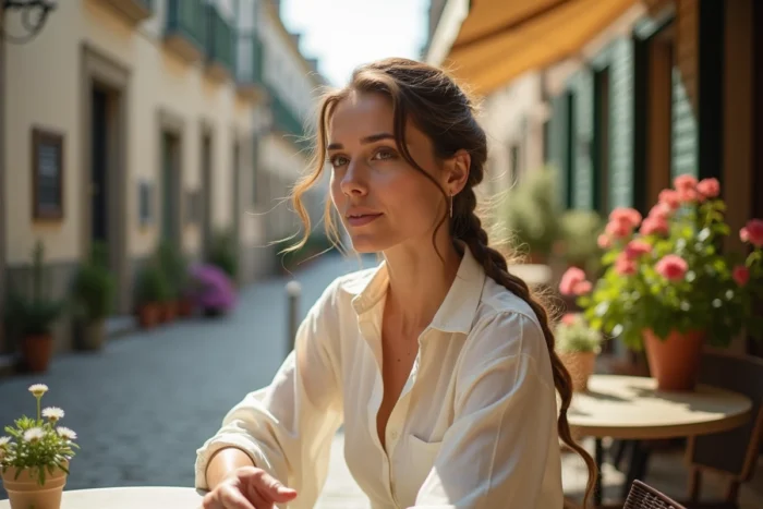 Femme élégante assise en terrasse de café avec architecture européenne en arrière-plan