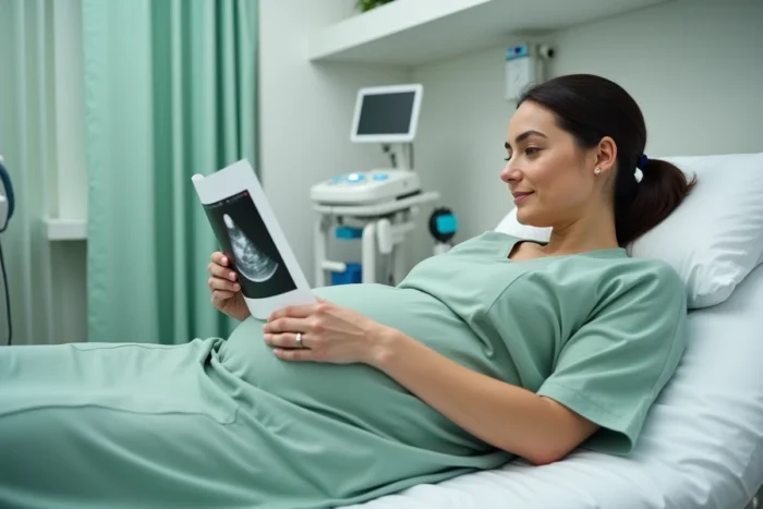 Femme enceinte tenant une image d'échographie du sac gestationnel lors d'une consultation prénatale à 5 SA