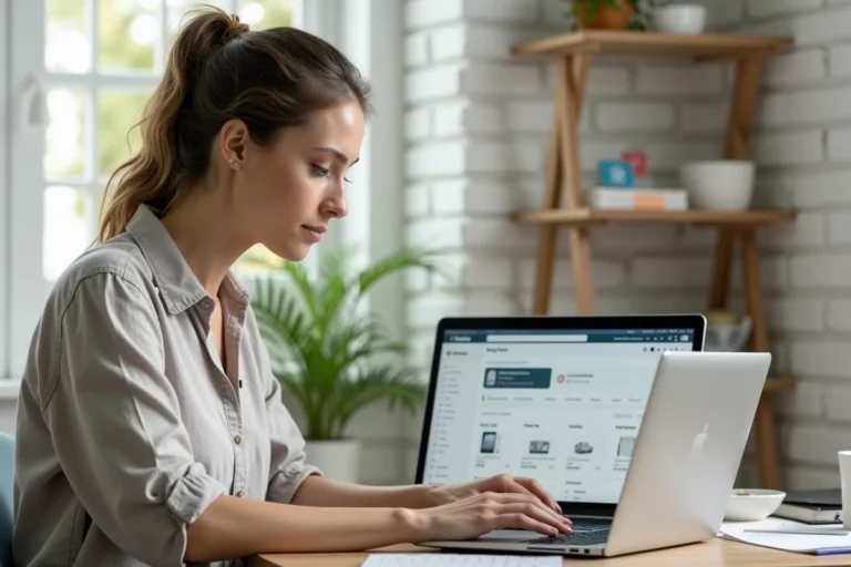 Femme entrepreneur travaillant sur son activité en ligne depuis son bureau à domicile avec un ordinateur portable