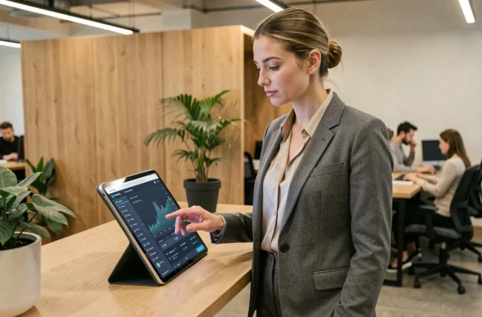 Femme entrepreneur utilisant une tablette pour optimiser ses transferts et frais sur une blockchain dans un espace de coworking