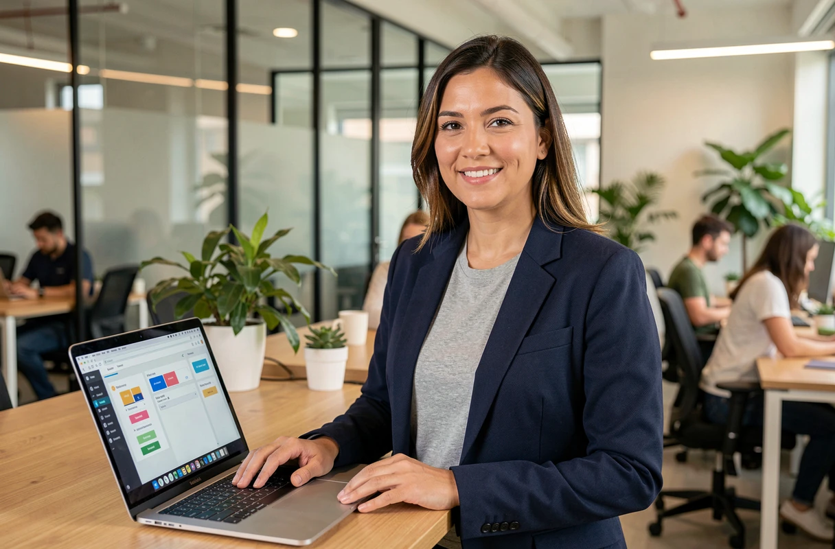 Femme entrepreneur debout dans un coworking utilisant un outil d'automatisation no-code sur son ordinateur portable
