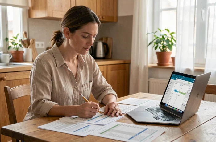 Femme gérant son budget personnel avec des documents financiers sur une table en bois dans une cuisine moderne