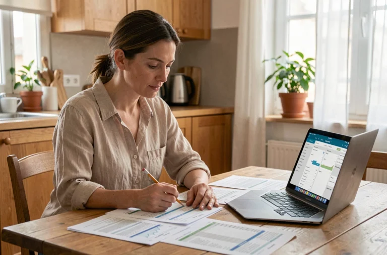 Femme gérant son budget personnel avec des documents financiers sur une table en bois dans une cuisine moderne