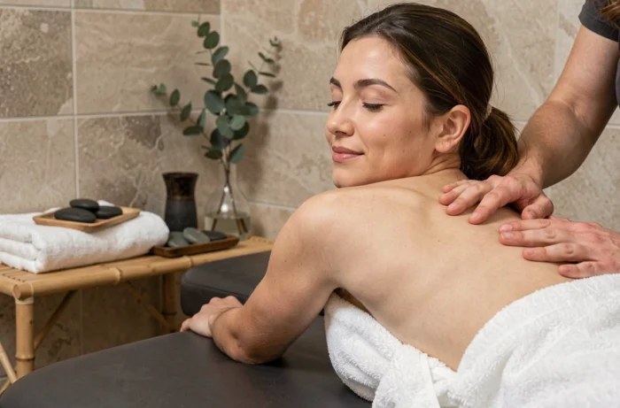 Femme recevant un massage de relaxation dans un spa bien-être avec pierres chaudes et eucalyptus