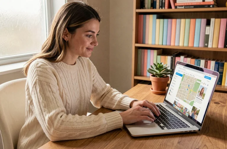 Jeune femme naviguant sur un blog lifestyle depuis son ordinateur portable dans un bureau chaleureux
