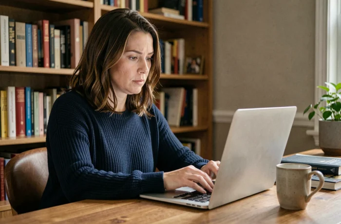 Femme utilisant un ordinateur portable pour naviguer en toute sécurité sur des plateformes en ligne depuis son bureau à domicile