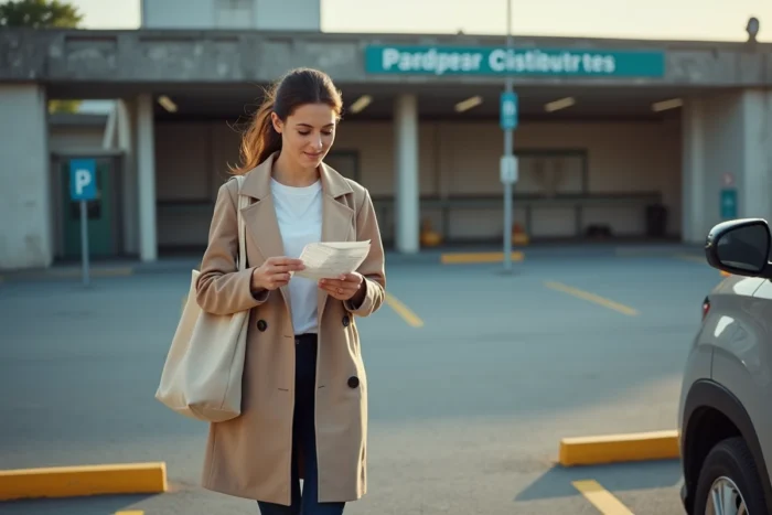 Femme se dirigeant vers la gare de Valence depuis un parking gratuit avec un ticket de stationnement à la main