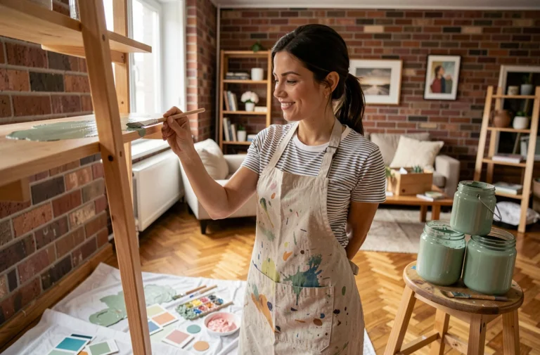 Femme appliquant de la peinture verte sur une étagère en bois dans un salon décoré avec goût