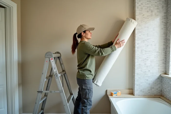 Femme posant un rouleau de toile de verre sur un mur de carrelage mosaïque dans une salle de bain