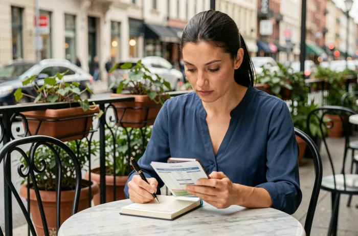 Femme consultant des pronostics football sur smartphone dans un café pour sécuriser ses paris sportifs