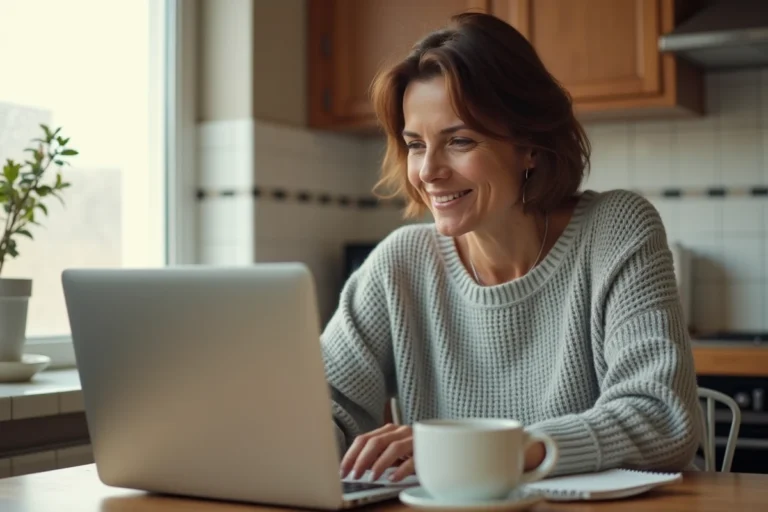 Femme consultant des petites annonces gratuites sur son ordinateur portable dans une cuisine chaleureuse