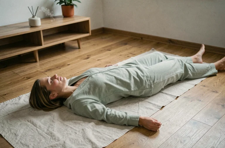 Femme pratiquant la relaxation en position allongée sur un tapis de yoga dans un salon minimaliste