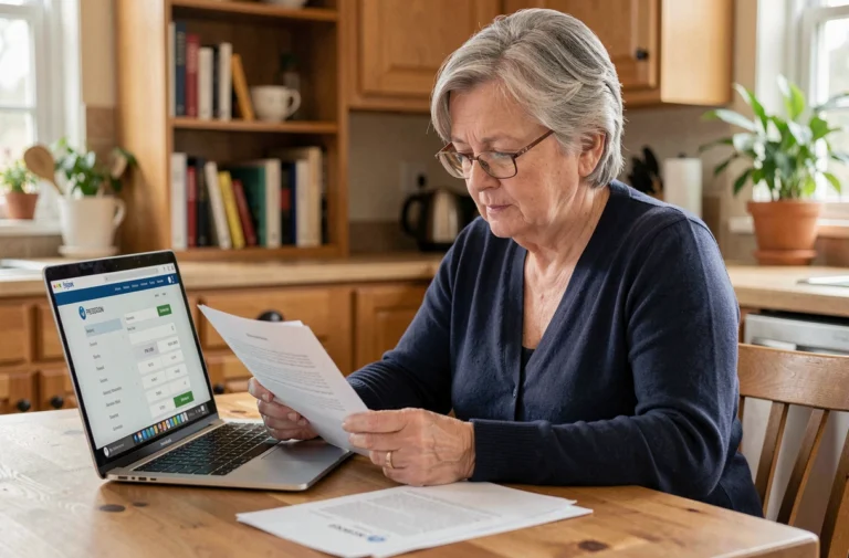Femme retraitée consultant son relevé de retraite et son espace personnel en ligne pour comprendre la bonification pour enfants