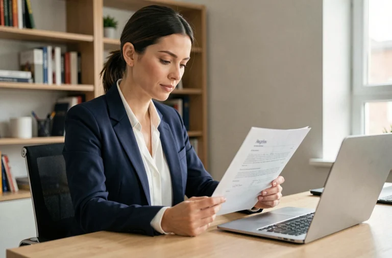 Femme professionnelle révisant son CV dans un bureau à domicile moderne, illustrant la recherche d'emploi en 2024