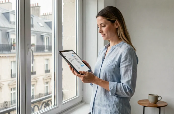 Femme consultant le plan du site d'un carnet de voyage sur une tablette dans un appartement parisien