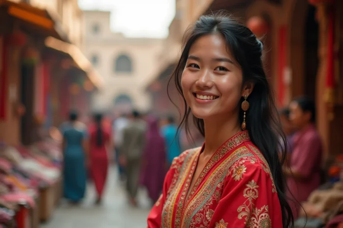 Femme en tenue traditionnelle brodée souriante dans un marché coloré à l'étranger