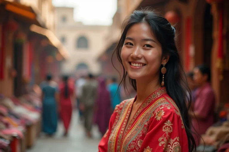 Femme en tenue traditionnelle brodée souriante dans un marché coloré à l'étranger