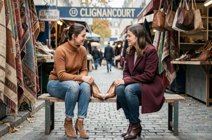 Deux femmes comparant des chaussures vintage devant un étal du marché de Clignancourt