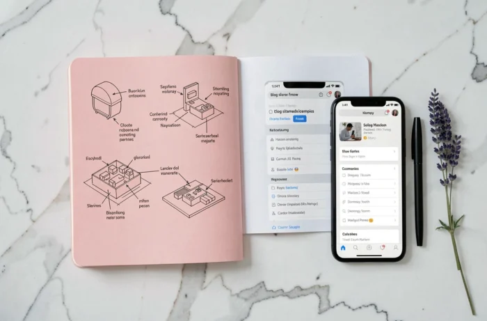Vue du dessus d'un carnet de notes et d'un smartphone affichant le plan de navigation d'un blog