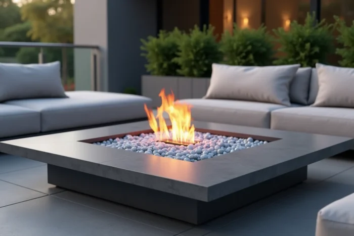 Foyer extérieur gaz encastré dans une table basse sur une terrasse contemporaine