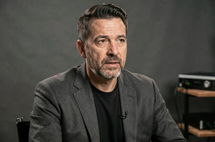 Homme aux cheveux gris foncé en interview presse évoquant ses révélations de santé, dans le contexte des maladies de Gaëtan Roussel