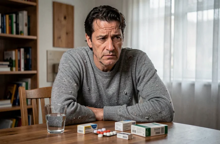Musicien quinquagénaire pensif devant des médicaments sur une table en bois, évoquant les problèmes de santé de Gaëtan Roussel