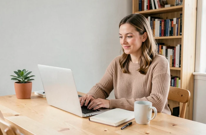 Femme travaillant depuis chez elle sur son ordinateur portable dans un bureau à domicile confortable et organisé