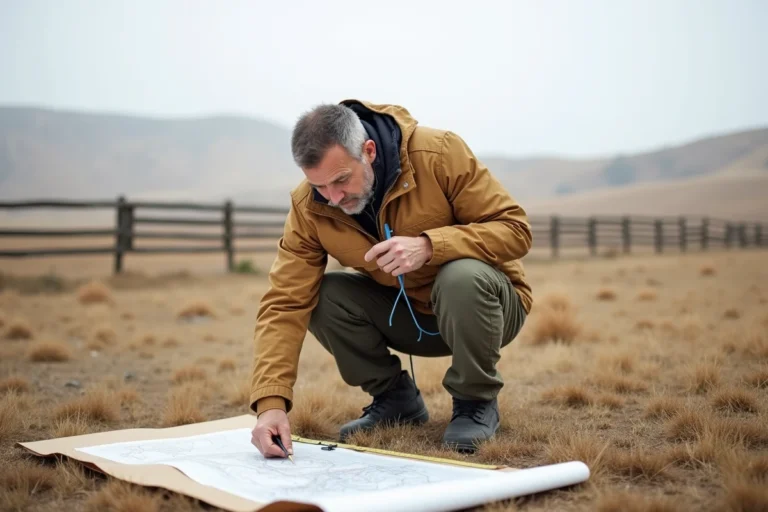Géomètre mesurant un terrain agricole avec un mètre ruban et une carte topographique en plein air