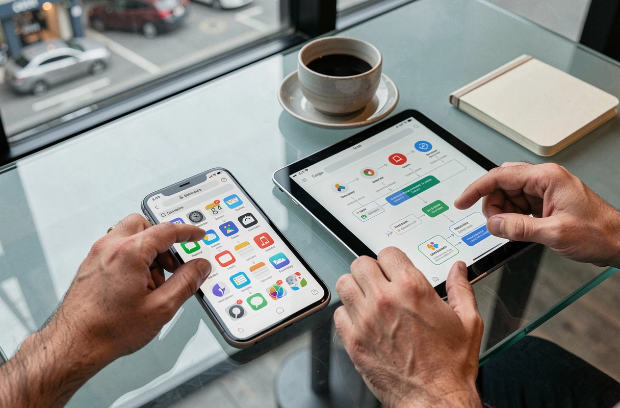 Mains d'entrepreneur gérant un écosystème web automatisé depuis un smartphone et une tablette dans un café urbain