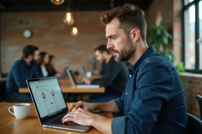 Homme gérant un site web avec des outils d'analyse dans un espace de coworking moderne