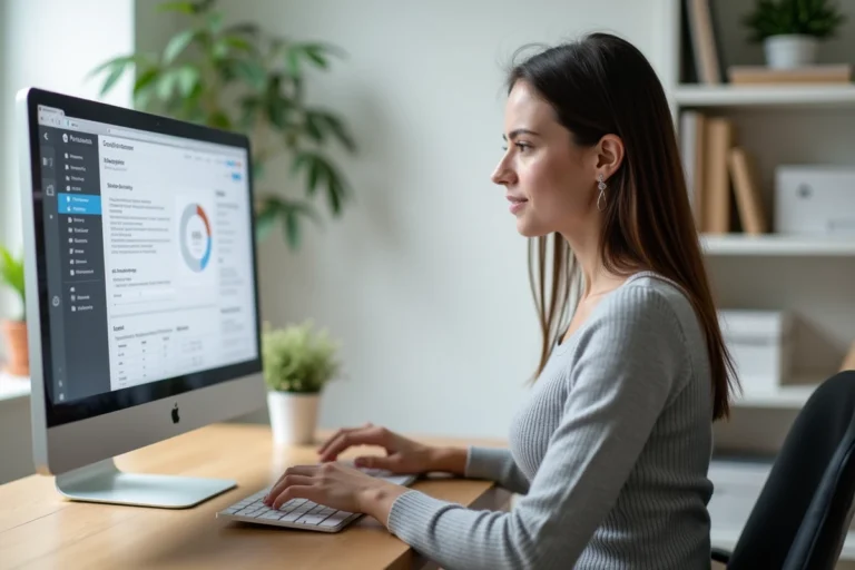 Femme gestionnaire de site web travaillant sur un tableau de bord en ligne depuis son bureau à domicile