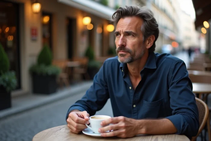 Homme attablé en terrasse de café avec un grain de beauté visible sur la joue, ambiance urbaine et décontractée