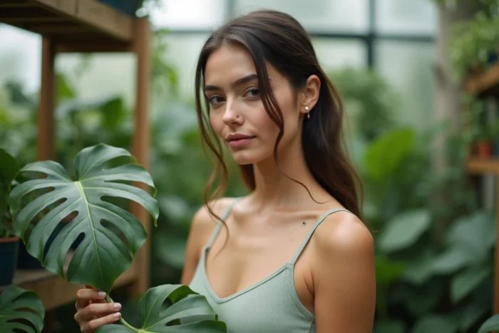 Jeune femme dans une serre botanique avec des grains de beauté naturels sur l'épaule et le cou, ambiance verdoyante