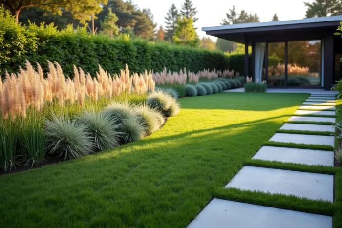 Graminées ornementales plantées en masse comme alternative au gazon dans un jardin moderne