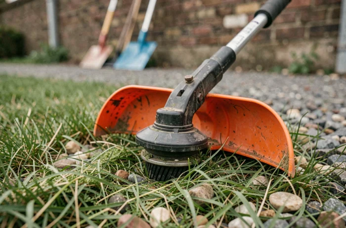 Gros plan sur la tête de coupe d'un coupe-bordure thermique posé dans l'herbe