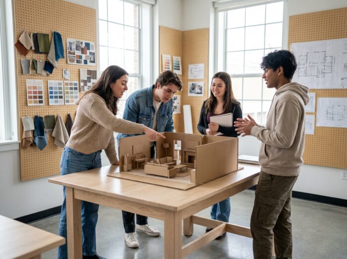 Groupe d'étudiants en design d'intérieur collaborant autour d'une maquette architecturale dans un studio de création scolaire