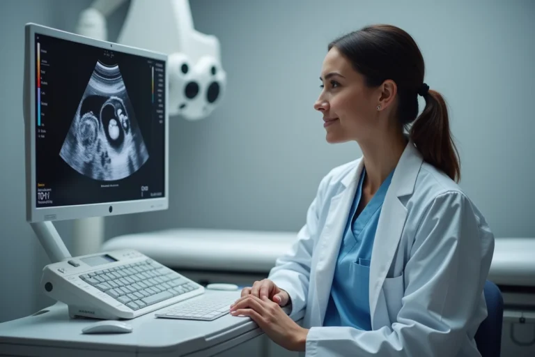 Gynécologue examinant une échographie précoce montrant un sac gestationnel à 5 semaines d'aménorrhée sur un écran médical