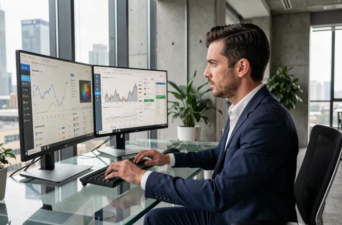 Homme d'affaires analysant des données blockchain et des frais de transfert sur un double écran dans un bureau fintech moderne