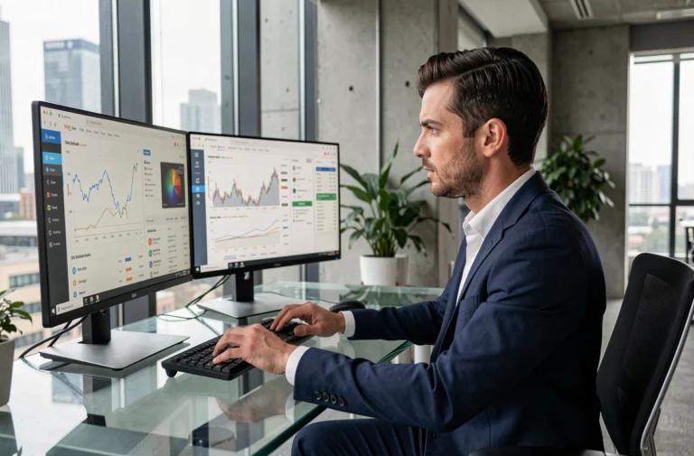 Homme d'affaires analysant des données blockchain et des frais de transfert sur un double écran dans un bureau fintech moderne