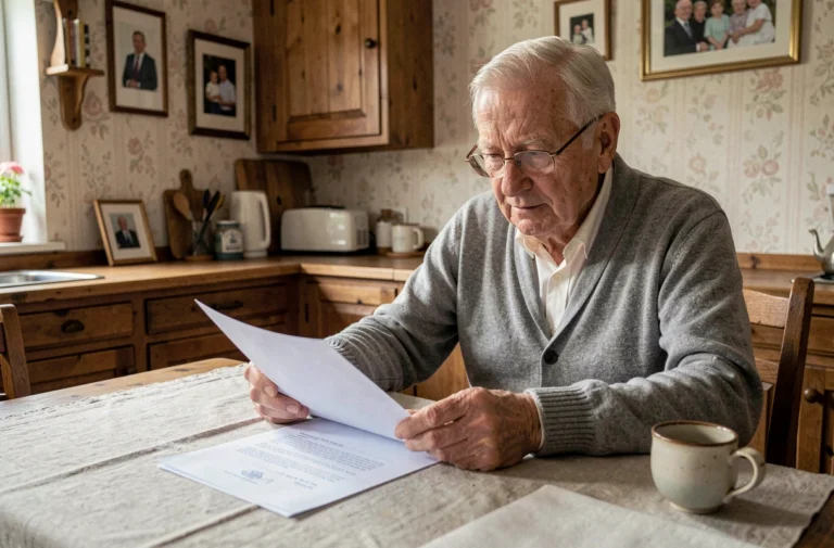 Un homme âgé examine un contrat de viager à la table de sa cuisine dans une maison de campagne française