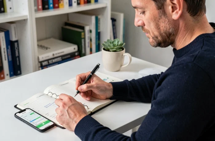 Homme consultant une application bancaire et prenant des notes dans un carnet de budget dans un bureau à domicile