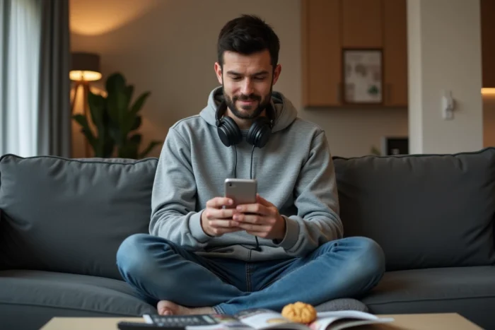 Jeune homme assis sur un canapé dans un appartement encombré consultant une application de recherche intelligente sur son smartphone