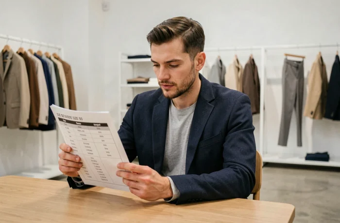 Jeune homme en blazer taille 50 consultant un guide des tailles dans une boutique de vêtements moderne