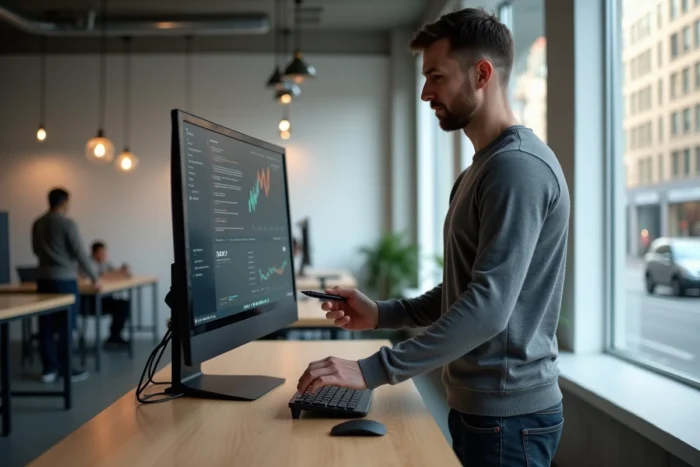 Jeune homme analysant les performances de son business en ligne dans un espace de coworking moderne